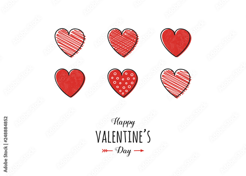 Beautiful greeting card with hand drawn hearts for Valentine's Day. Love concept. Vector