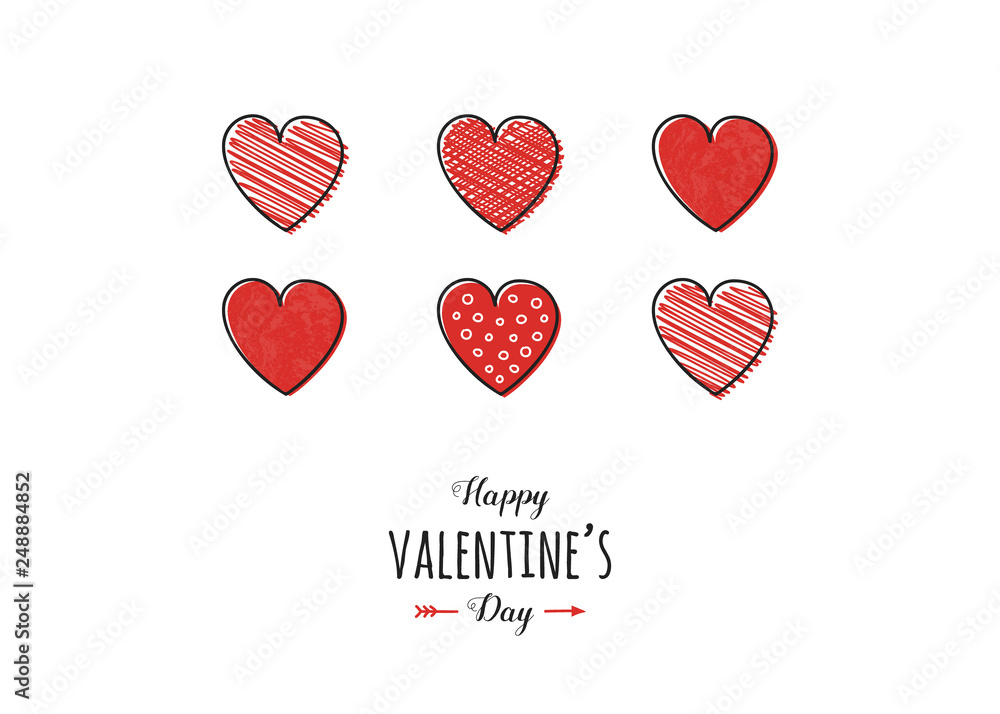 Beautiful greeting card with hand drawn hearts for Valentine's Day. Love concept. Vector Beautiful greeting card with hand drawn hearts for Valentine's Day. Love concept. Vector