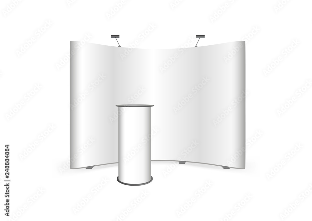 Φωτογραφία Vector 3d mock up or template of event curved pop up trade show stand banner display and promotion exhibition event or bar presentation rounded table, promotion counter or booth isolated on white