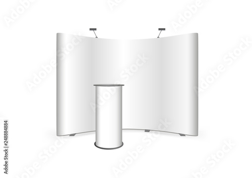 Vector 3d mock up or template of event curved pop up trade show stand banner display and promotion exhibition event or bar presentation rounded table, promotion counter or booth isolated on white.