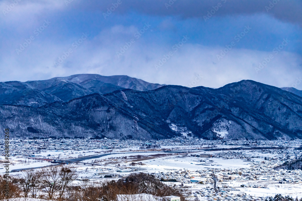 Snowy countryside view in the winter of Japan.