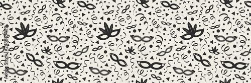 Colorful party masks and confetti on background - seamless texture. Vector