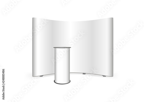 Vector 3d mock up or template of event curved pop up trade show stand banner display and promotion exhibition event or bar presentation rounded table, promotion counter or booth isolated on white.