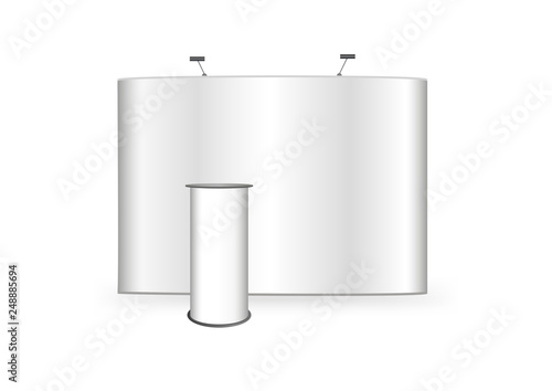 Vector 3d mock up or template of event flat pop up trade show stand banner display and promotion exhibition event or bar presentation rounded table, promotion counter or booth isolated on white.
