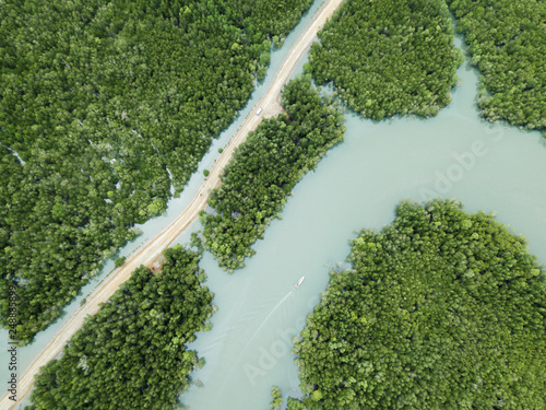 Drone Shot of a Fishing Boat Heading Down Winding River Parallel to a Dirt Road with a Bus Surrounded by Dense Green Forest in Phang Nga Bay, Thailand