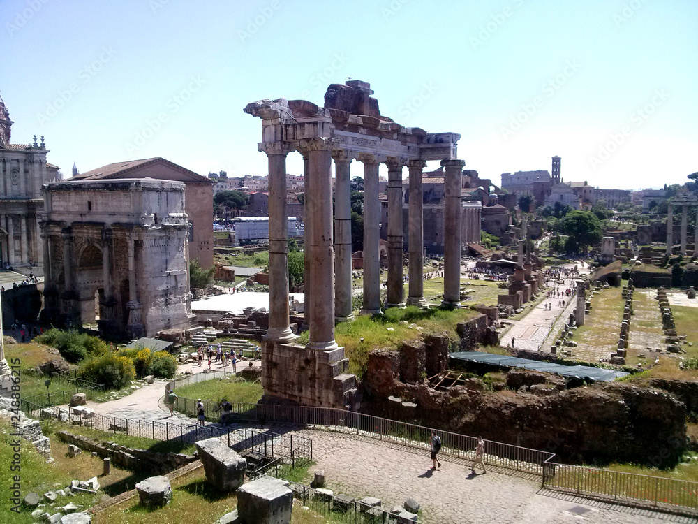 Ruins of the roman forum in Rome, Italy. Temple of Saturn. 