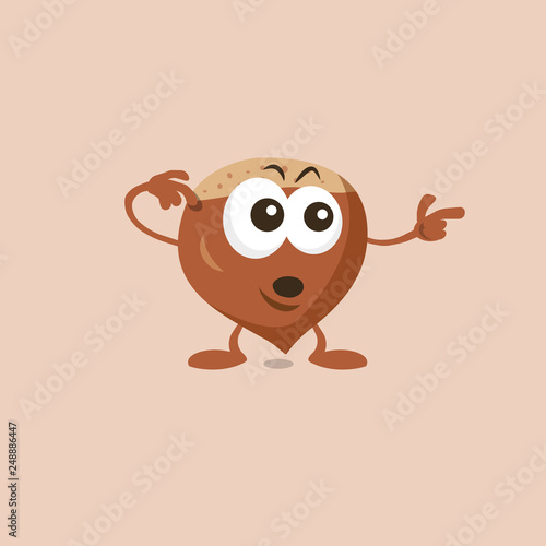 Illustration of cute surprised hazelnut mascot pointing to the left isolated on light background. Flat design style for your mascot branding.