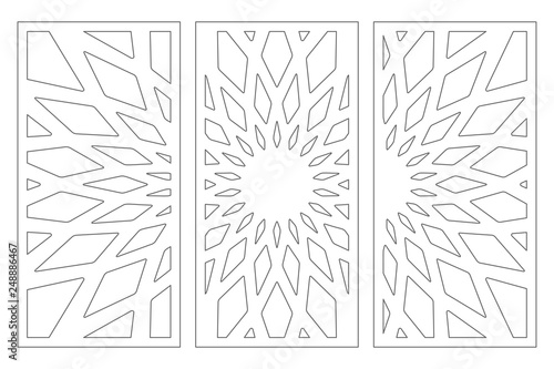 Set decorative card for cutting. Geometry, line, flower pattern. Laser cut panel. Ratio 1:2. Vector illustration.