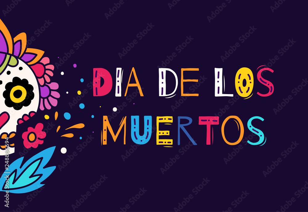 Dia de los Muertos, Day of the Dead vector illustration. Design for banner or party flyer with sugar skull, floral wreath and fancy lettering.