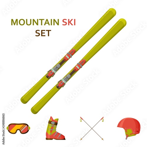 Mountain skies icon collection. Set with equipment, wear and shoes