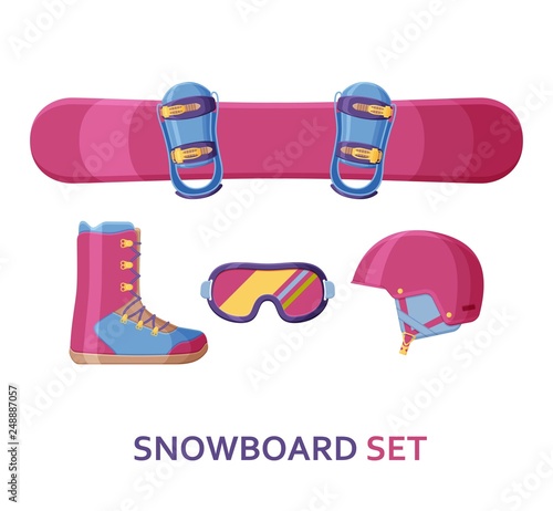 Snowboard icon collection. Set with equipment, wear and shoes