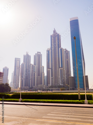 Streets with modern skyscrapers of the city of Dubai.