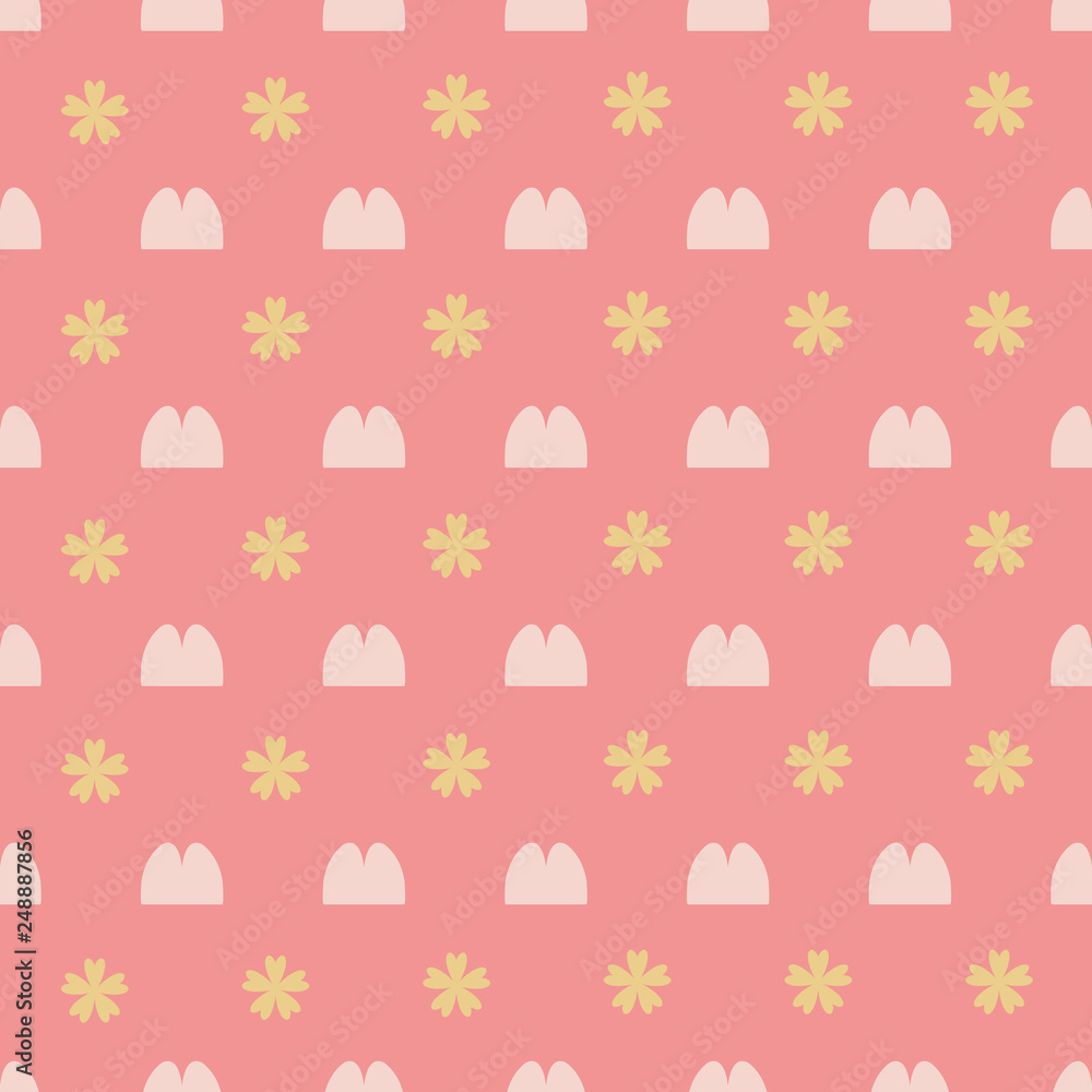 Fototapeta premium Pretty small sized floral print, vector seamless pattern in light coral, pink and golden yellow. Sweet and feminine, can be used for baby designs and clothing, for textiles, paper and decor.