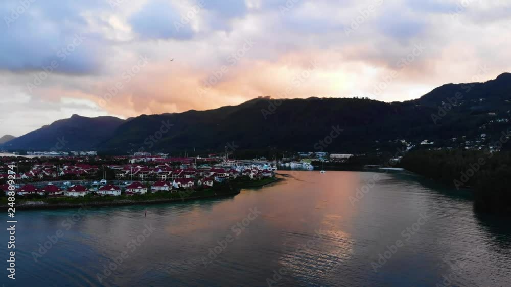 Seychelles. Aerial video from Seychelles. The mysterious island of Mahe, sunsets and sunrises from the height of bird flight. Artificial island Eden. Seychelles. Aerial video from Seychelles. The mysterious island of Mahe, sunsets and sunrises from the height of bird flight. Artificial island Eden.