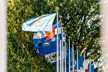 Washington DC, USA Union Station with closeup of row of state American flags on street framing framed in autumn fall season trees
