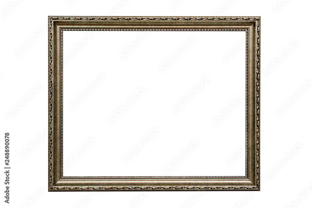 Wooden frame for paintings with patina, made in a classic design. Isolated. Picture frame. White background. Wooden frame for paintings with patina, made in a classic design. Isolated. Picture frame. White background.