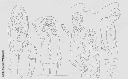 Millennial people line hand drawn vector illustration