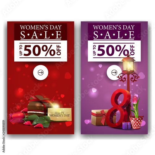 Two discount banners for women's day with candy, rose and tulip in a bucket under a lantern