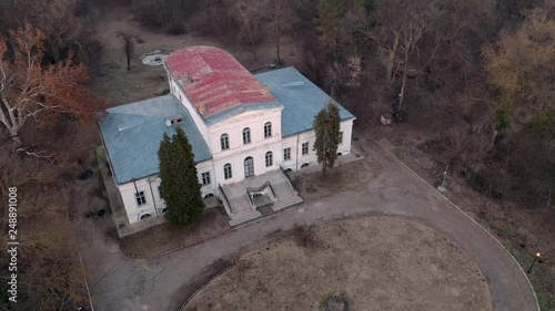 4k aerial footage of Ghica Palace at sunset. The Palace, now in decay, belonged to the first ruler of romanian kingdom, Alexandru Dimitrie Ghica 1795 - 1862. photo