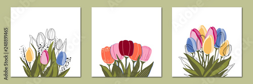Vector set of creative spring universal floral cards with flat tulips.Design for poster, card, invitation, placard, brochure, flyer.In trendy colors on white background.