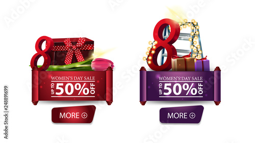 Two discount banners for women's day with buttons, gifts and Tulip