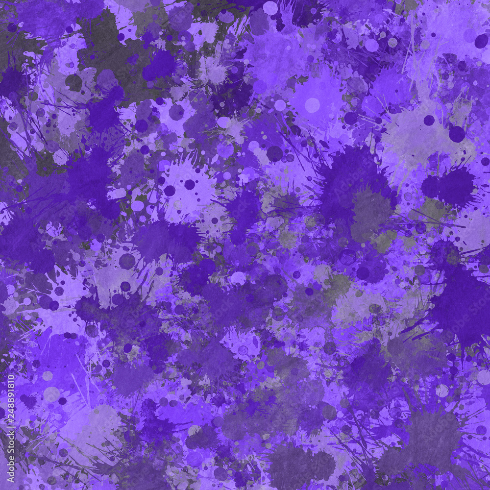 Violet paint splatter effect texture on gray paper background. Artistic backdrop. Different paint drops. Rusted metal. Violet paint splatter effect texture on gray paper background. Artistic backdrop. Different paint drops. Rusted metal.