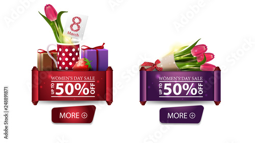 Two discount banners for women's day with buttons, tulip in a mug and bouquet of tulips
