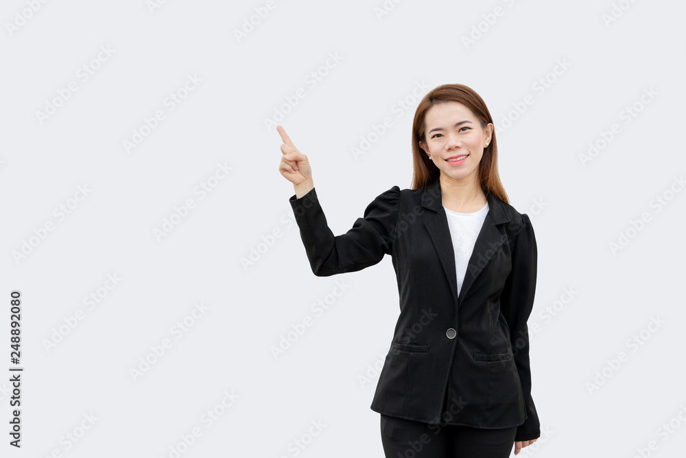 asian business woman pointing finger presenting with long hair in black suit isolated on white color background asian business woman pointing finger presenting with long hair in black suit isolated on white color background