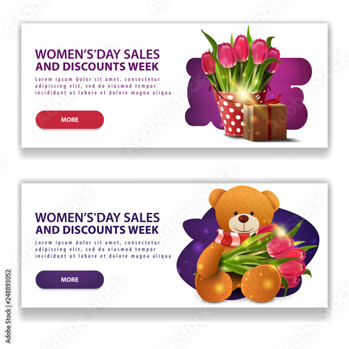 Two discount white banners for women's day with buttons, bucket with tulips, gift and Teddy bear with a bouquet of tulips