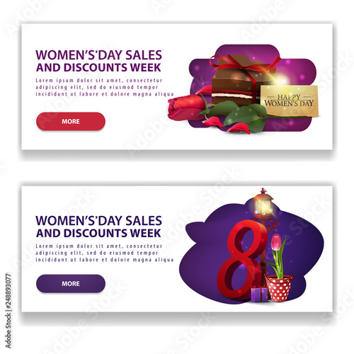 Two discount white banners for women's day with buttons, candy, rose and tulip in a bucket under a lantern