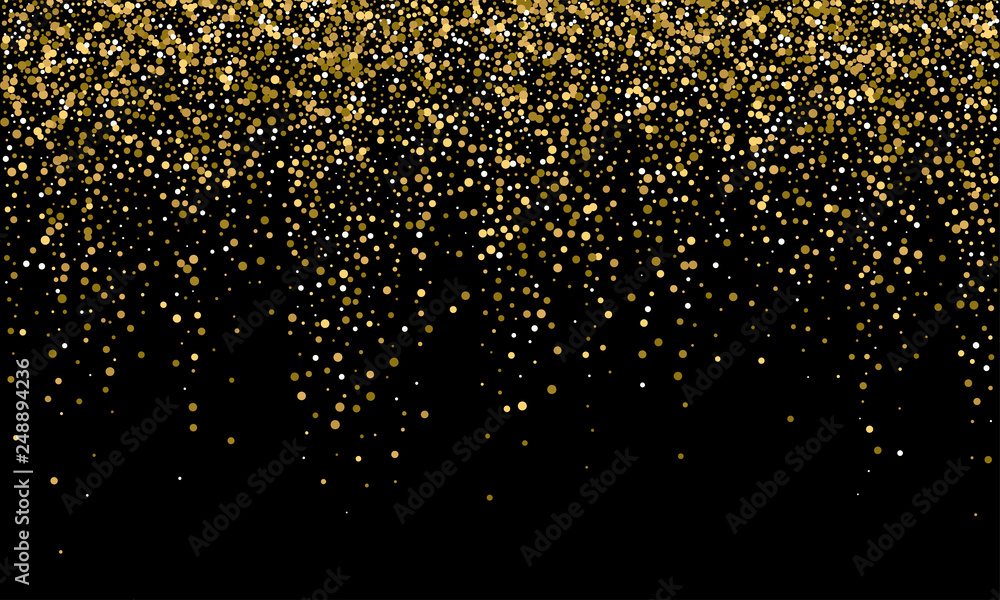 Golden confetti and falling gold glitter on black vector background. Carnival or birthday party glowing golden confetti background - obrazy, fototapety, plakaty 