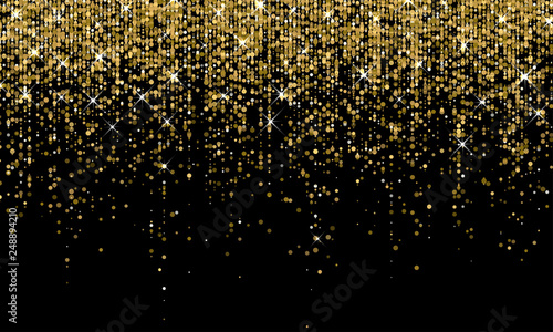 Golden confetti falling on sparkling gold glitter background. Vector carnival party golden confetti glow on black background
