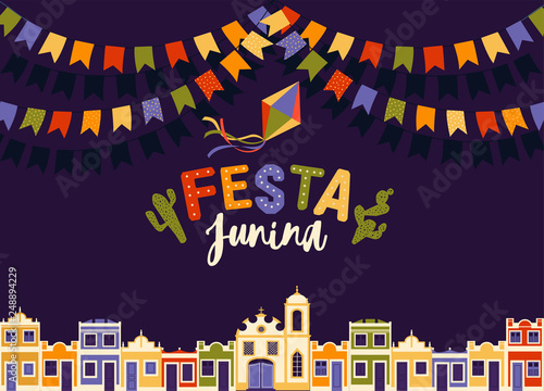 June party of Brazil, bright night the background with colonial houses, church, lights and colored flags and the words in Portuguese Festa Junina illustration with place for announcement invitation.