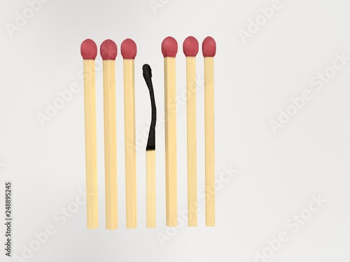 Matches. New and burnt. 3d rendering illustration