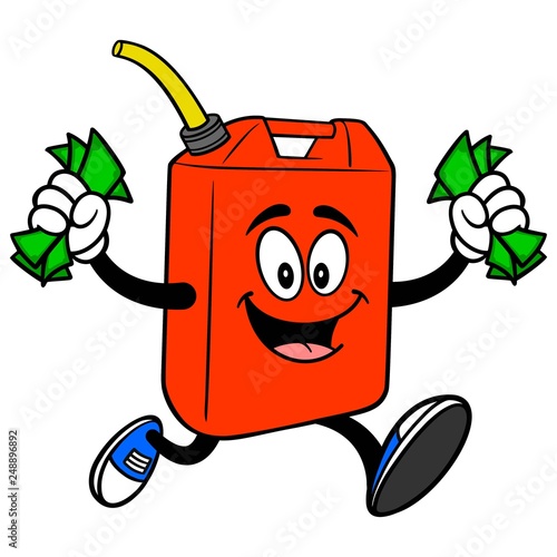 Gasoline Can Running with Money - A vector cartoon illustration of a fun Gasoline Can mascot running with cash.