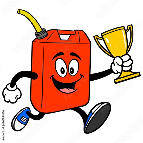 Gasoline Can Running with Trophy - A vector cartoon illustration of a fun Gasoline Can mascot running with a Trophy.