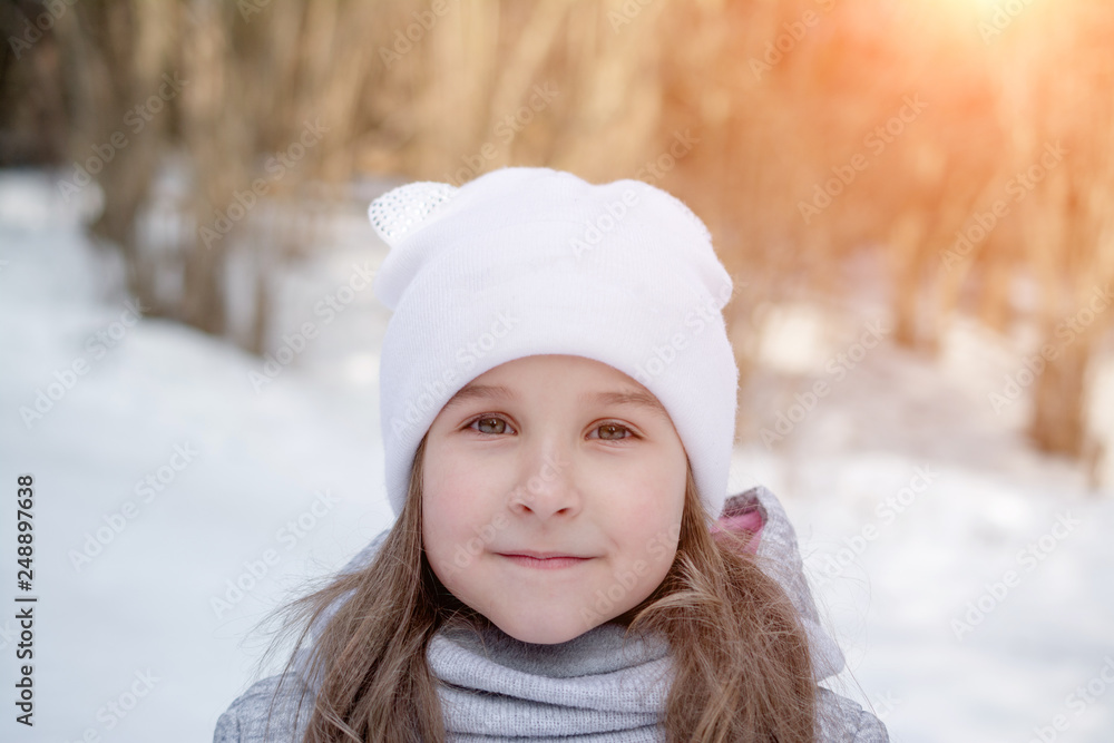 close up portrait cute little girl winter forest close up portrait cute little girl winter forest