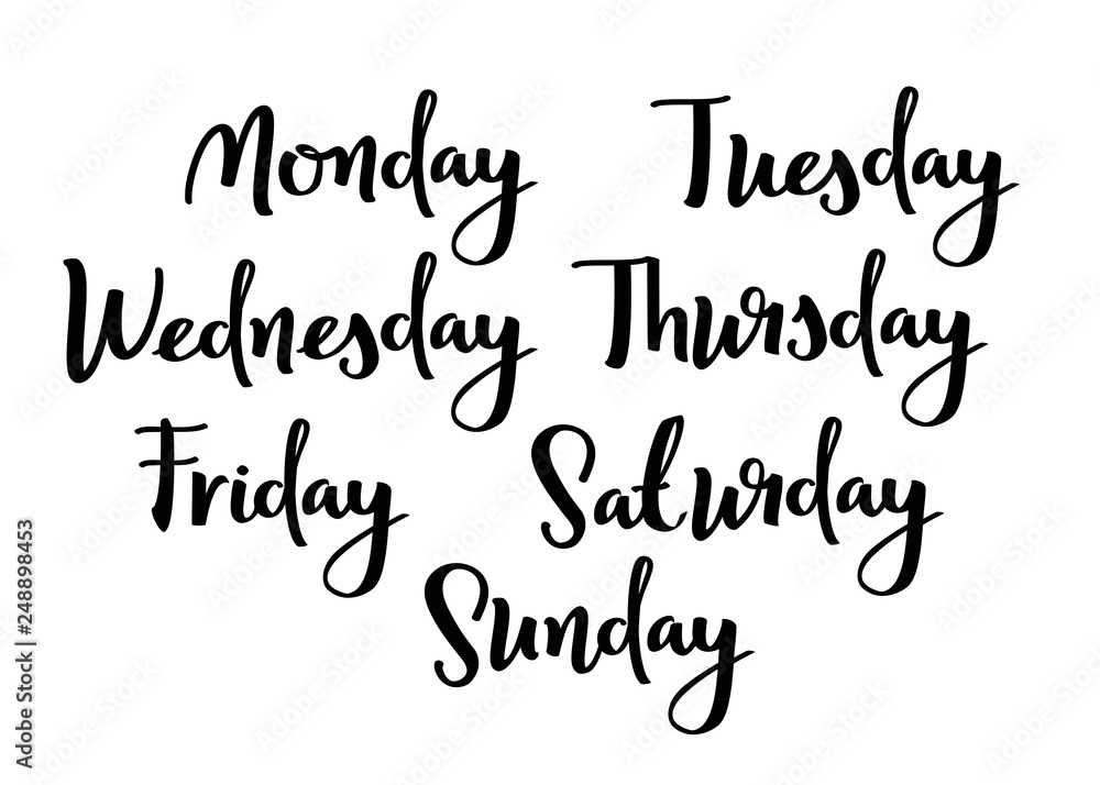Hand lettering days of week. Modern Calligraphic style. Handwritten words. Hand lettering days of week. Modern Calligraphic style. Handwritten words.
