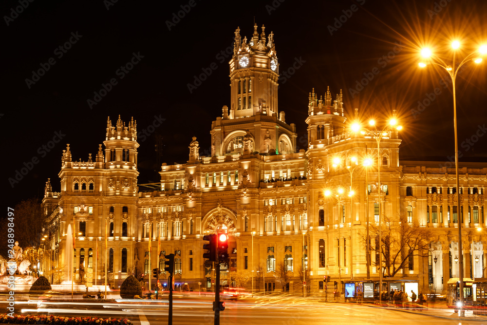 Night view over beautiful Communication Palace, Madrid