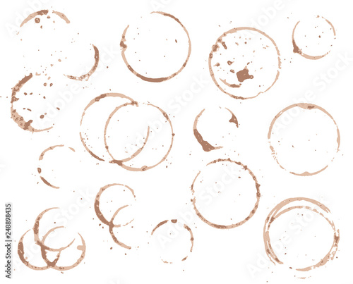 Brown coffee cup circle on white background. Black coffee vector element. Wet cup stain and splatter.