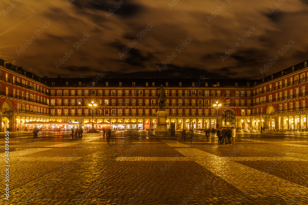 After the sunset, the Main Square of Madrid reveals its great color