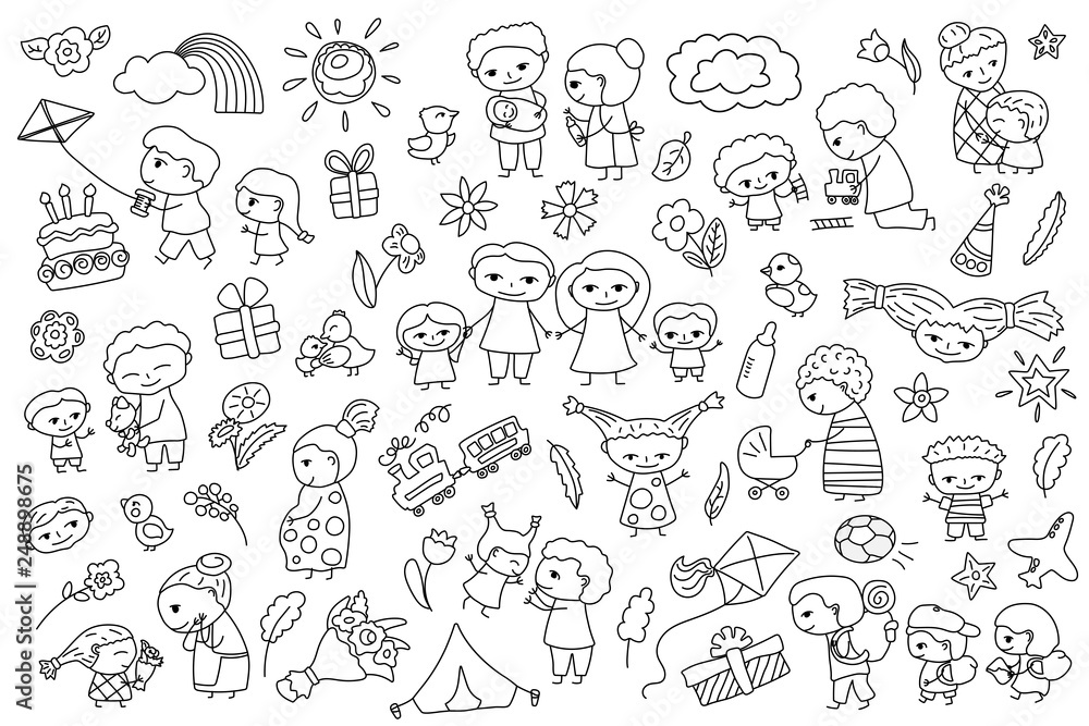 Traditional family with parents and children. Outlined flower and bird vector clipart. Child coloring element on white background