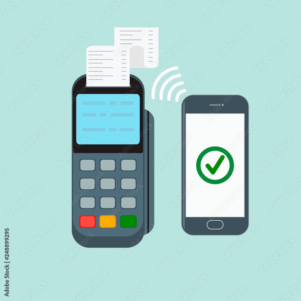 NFC payment illustration. Contactless payment with smartphone and terminal. Flat style illustration. NFC payment illustration. Contactless payment with smartphone and terminal. Flat style illustration.