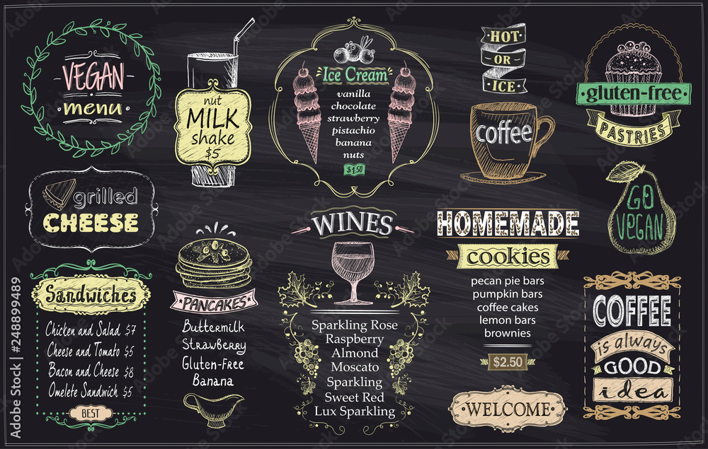 Chalkboard menu, vegan menu, gluten free menu, grilled cheese, sandwiches, pancakes, wines, homemade cookies, ice cream and coffee