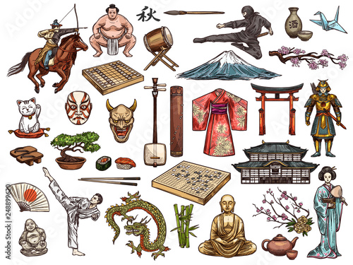 Japanese culture, religion vector symbols