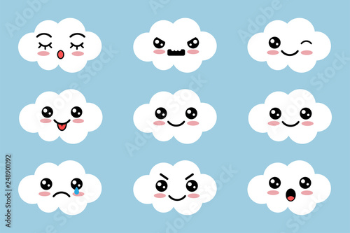 Set of cloud with different mood. Kawaii with different faces expressions