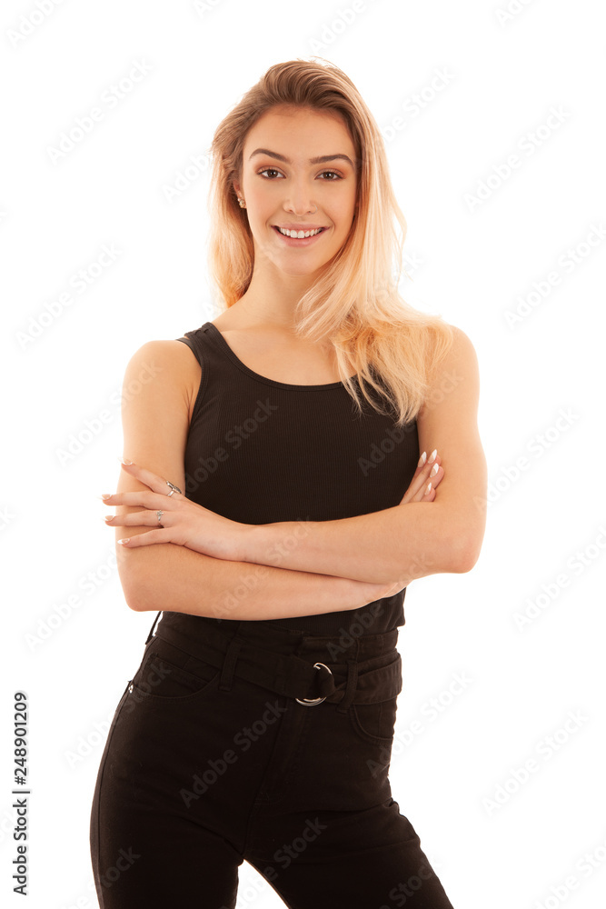 Stylish young woman in black stand isolated over white background and smile Stylish young woman in black stand isolated over white background and smile