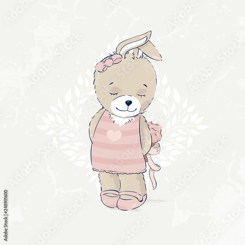 Cute rabbit illustration. This illustration is perfect for cards, greetings, decorations. Hare, balloon and ribbons. Illustration for children