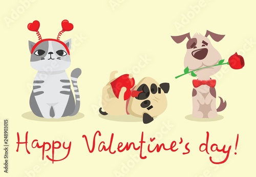 Vector illustration card with cute cartoon little Valentine cats and dogs puppies in love and funny greeting text Happy Valentine's Day