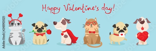 Vector illustration card with cute cartoon little Valentine cats and dogs puppies in love and funny greeting text Happy Valentine's Day 